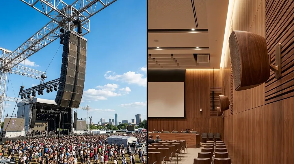 Açık havada kurulu profesyonel line array ses sistemi ve kapalı salondaki akustik hoparlörlerin karşılaştırması
